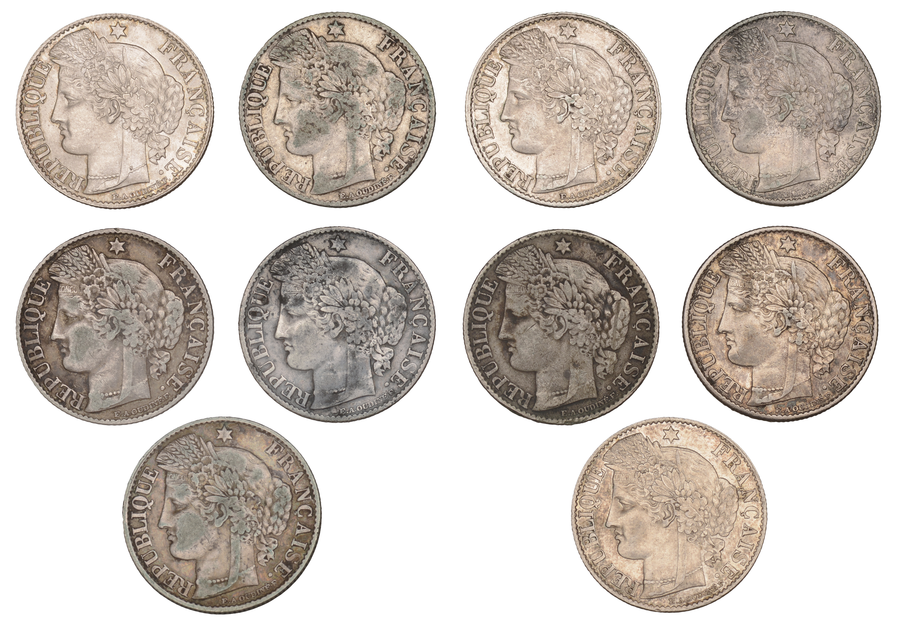 France, Third Republic (1871-1940), 50 Centimes (10), 1872a, 1873a, 1874a, 1881a, 1882a, 188...