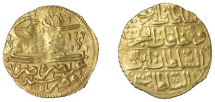 Ahmed III, Ashrafi, Misr 1115h, 3.50g/3h (OC 23-035; ICV 3277). Weak area on obverse, otherw...