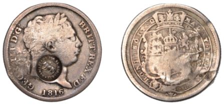 Costa Rica, Republic, countermarked coinage, 2 Reales, a George III Shilling, 1816, with typ...