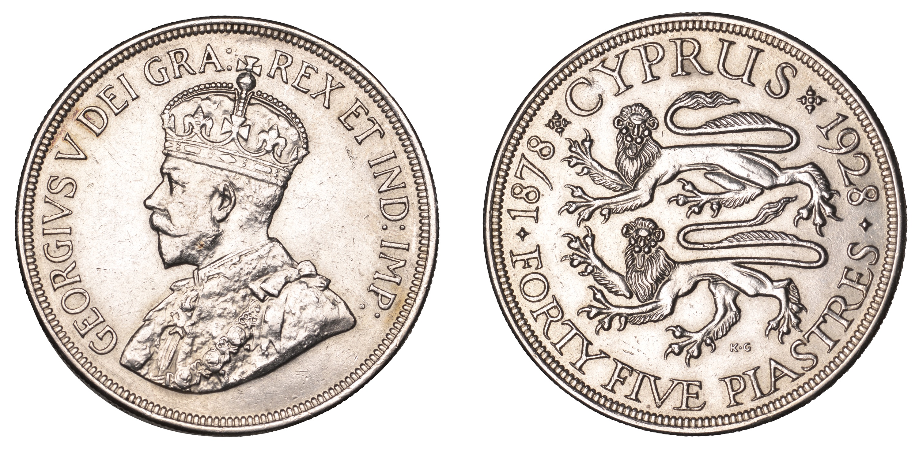 Cyprus, George V, 45 Piastres, 1928 (Prid. 1; KM 19). Lightly cleaned, some minor marks, oth...