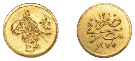 Abdul Aziz, gold 10 Qirsh, Misr 1277h, yr 12, 0.89g/12h (OC 32-008; KM 259). Extremely fine...