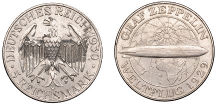 Germany, Weimar Republic, 5 Reichsmarks, 1930a, Zeppelin (KM. 68). Very fine or better, but...
