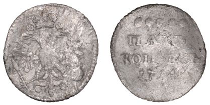 Russia, Peter I, billon 5 Kopecks, 1714, crown above crowned double headed eagle. rev. 5 dot...