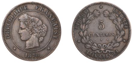 France, Third Republic (1871-1940), 5 Centimes, 1878k, Bordeaux (Gad. 157a; KM 821.2). About...