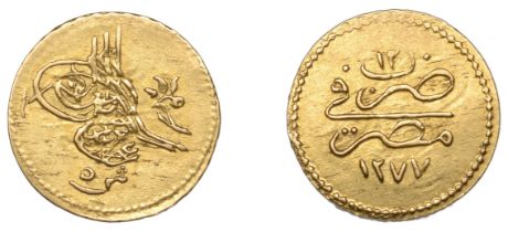Abdul Aziz, gold 5 Qirsh, Misr 1277h, yr 12, 0.43g/12h (OC 32-009; KM 255). Good very fine...