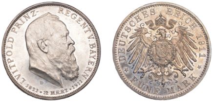 Germany, BAVARIA, Luitpold (Prince Regent), Proof 5 Mark, 1911d (Dav. 619; KM 999). Extremel...