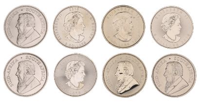Canada, Elizabeth II, one-ounce Five-Dollar silver coins (4), Maple-leaf (2), 2015, 2019, Mo...