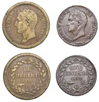 France, Monaco, HonorÃ© V, DÃ©cime, 1838mc (Gad. 105); 5 Centimes, 1837mc (Gad. 102) [2]. Abou...