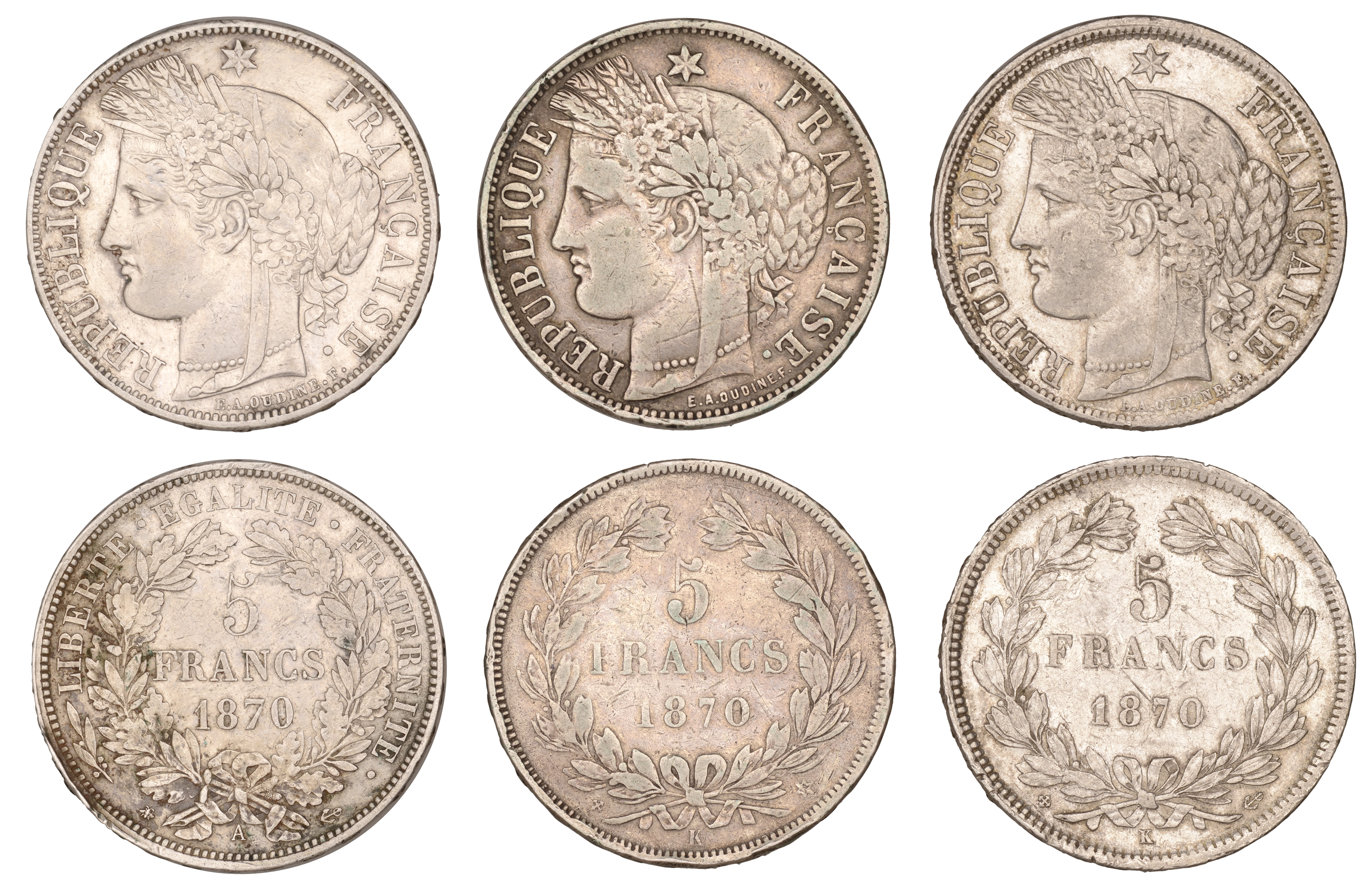 France, Government of National Defence, 5 Francs (3), 1870a, 1870k (2) (Gad. 742-3) [3]. Fin...