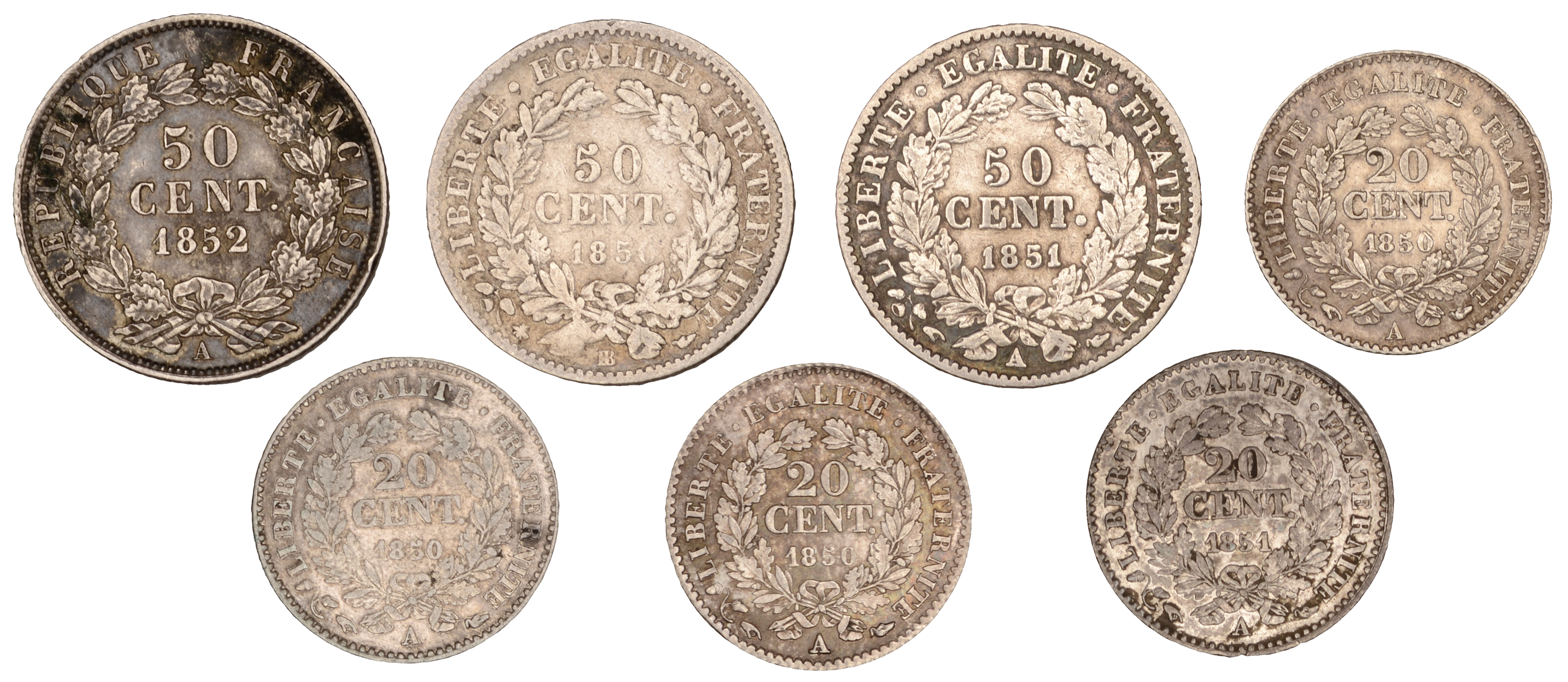 France, Second Republic (1848-1852), 50 Centimes (3), 1850bb, 1851a, 1852a (Gad. 411-2); 20... - Image 2 of 2