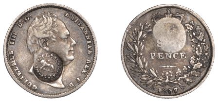 Costa Rica, Republic, countermarked coinage, Real, a William IV Sixpence, 1837, with type VI...