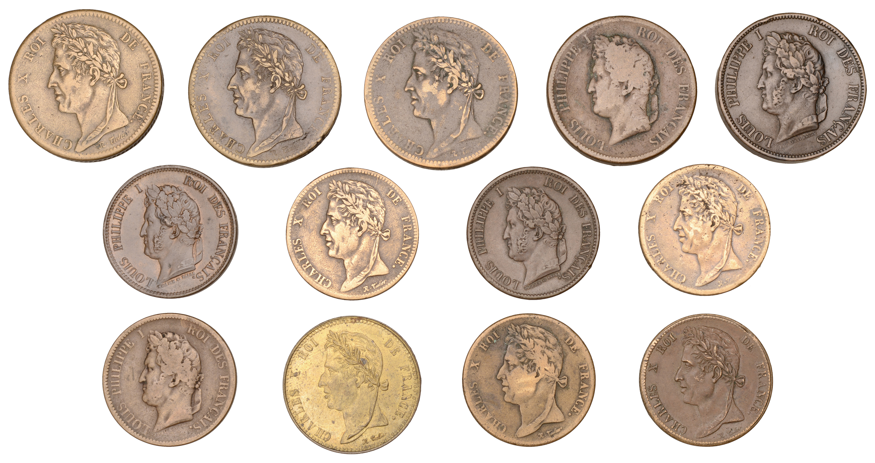 France, Charles X (1824-1830), 10 Centimes (3), 1825a, 1827h, 1828a (Lec. 304-6); 5 Centimes...