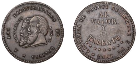 Bolivia, Republic, Pattern Half-Melgarejo, 1865, PotosÃ­, struck in copper, 31mm, 8.94g/12h (...