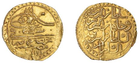 Mustafa III, Zeri Mahbub, Misr 1171h, yr 6, mim dal, 2.59g/12h (OC 26-033-02; ICV 3369). Sma...