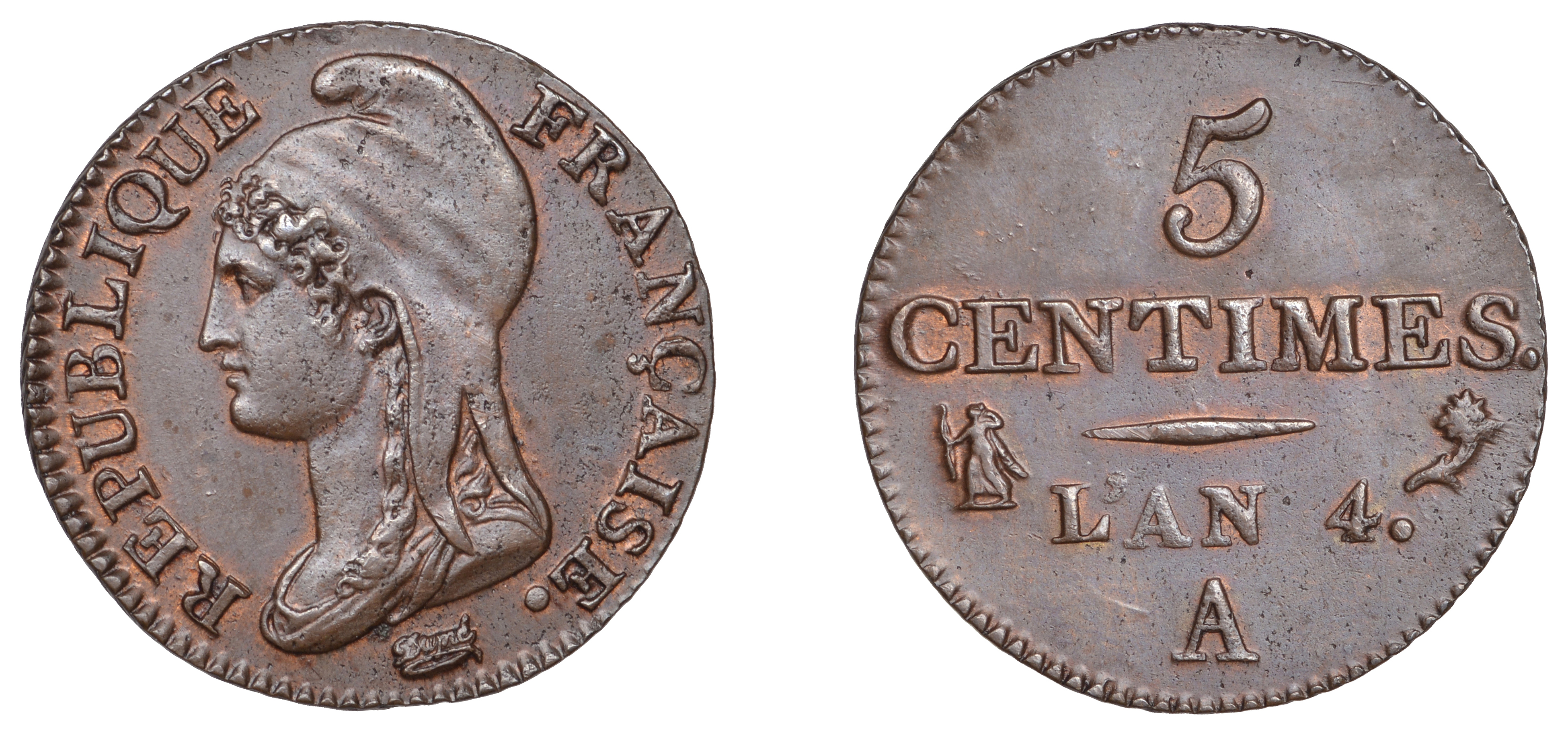 France, Directory (1795-1799), 5 Centimes, AN 4a, Paris, 5.08g/6h (Gad. 124; KM 635.1). Extr...