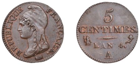 France, Directory (1795-1799), 5 Centimes, AN 4a, Paris, 5.08g/6h (Gad. 124; KM 635.1). Extr...