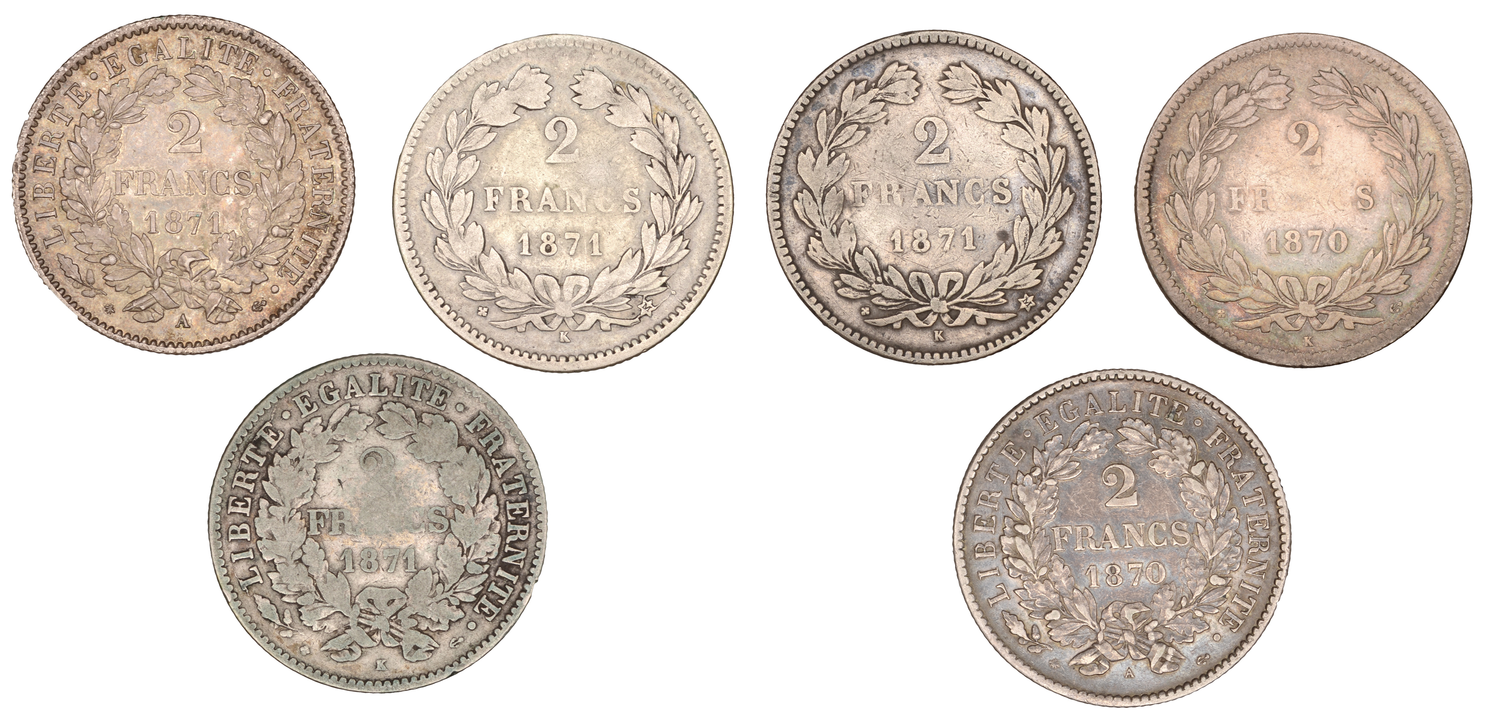 France, Government of National Defence, 2 Francs (6), 1870a, 1870k, 1871a, 1871k (3) (Gad. 5... - Image 2 of 2