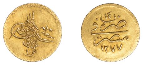 Abdul Aziz, gold 10 Qirsh, Misr 1277h, yr 14, 0.87g/12h (OC 32-008; KM 259). About extremely...