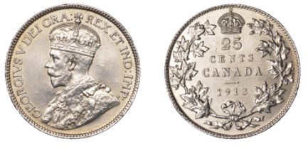 Canada, George V, 25 Cents, 1913 (KM 24). Lightly cleaned, otherwise about extremely fine Â£...