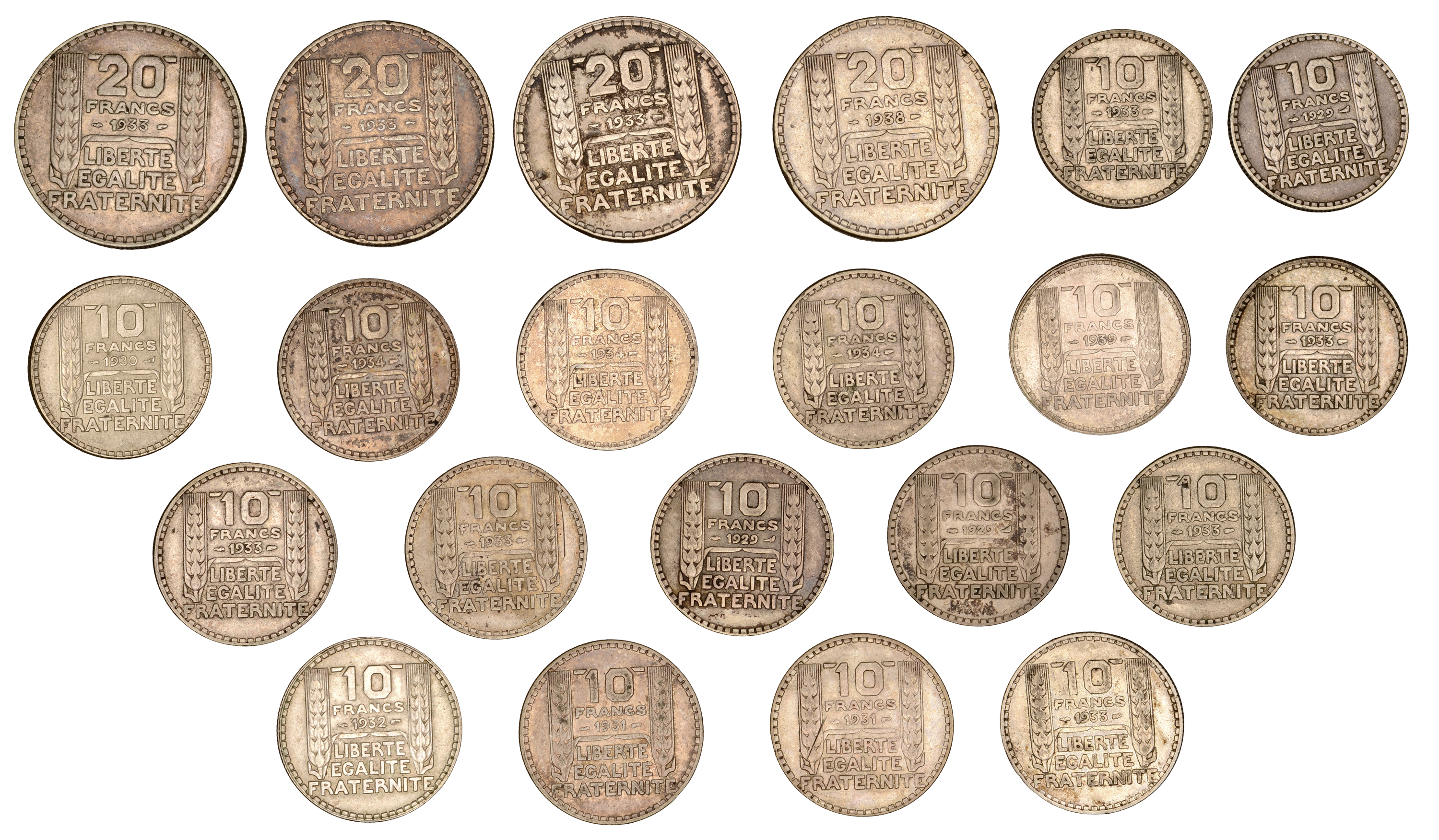 France, Third Republic (1871-1940), 20 Francs (4), 1933 (3), 1938 (Gad. 852); 10 Francs (17)... - Image 2 of 2