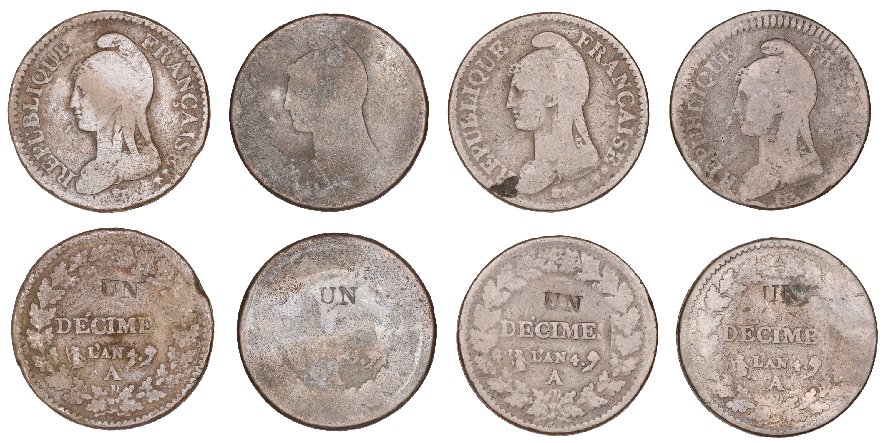 France, Directory (1795-1799), DÃ©cimes (4), AN 4a (3), AN 5a?, 2 DÃ©cimes countermarked un fo...