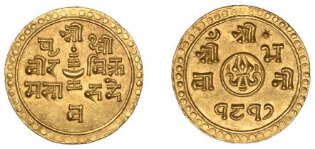 Nepal, Prithvi Bir Bikram, gold Half-Mohar, SE 1817 [1895], 2.81g/12h (KM. 672.2; F 18). Ext...