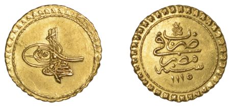 Ahmed III, Half-Findik, Misr 1115h, 1.73g/12h (OC 23-045; ICV 3276). About extremely fine, v...