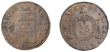 France, Convention (1793), Half-Sol, 1793h, La Rochelle, 25mm, 5.09g/6h (Gad. 10; KM 618.1)....