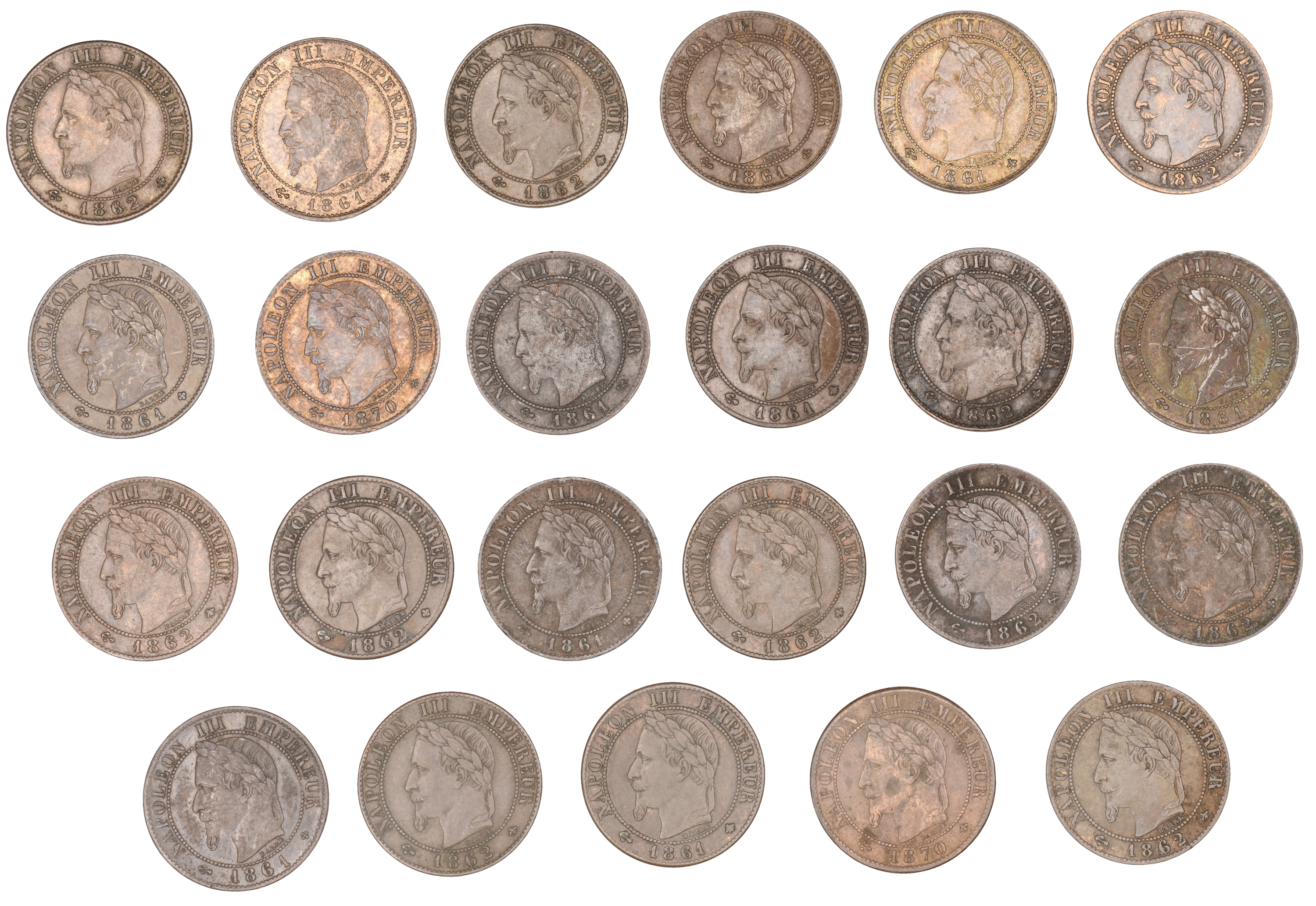 France, Napoleon III (1852-1870), Centimes (23), 1861a (5), 1861bb (4), 1861k, 1862a (7), 18...