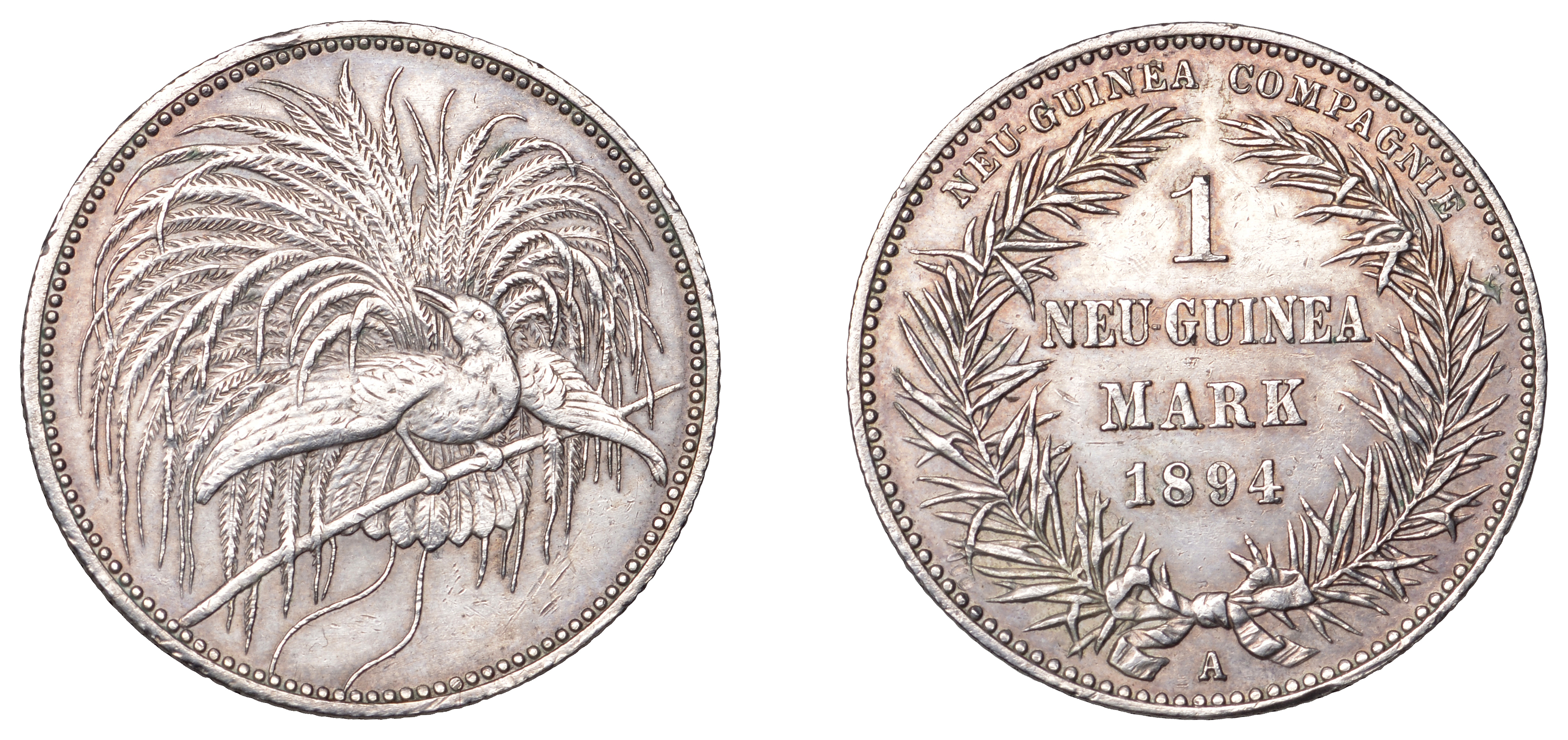 German New Guinea, Neu-Guinea Compagnie, 1 Mark, 1894a (KM 5). Cleaned, otherwise good very...