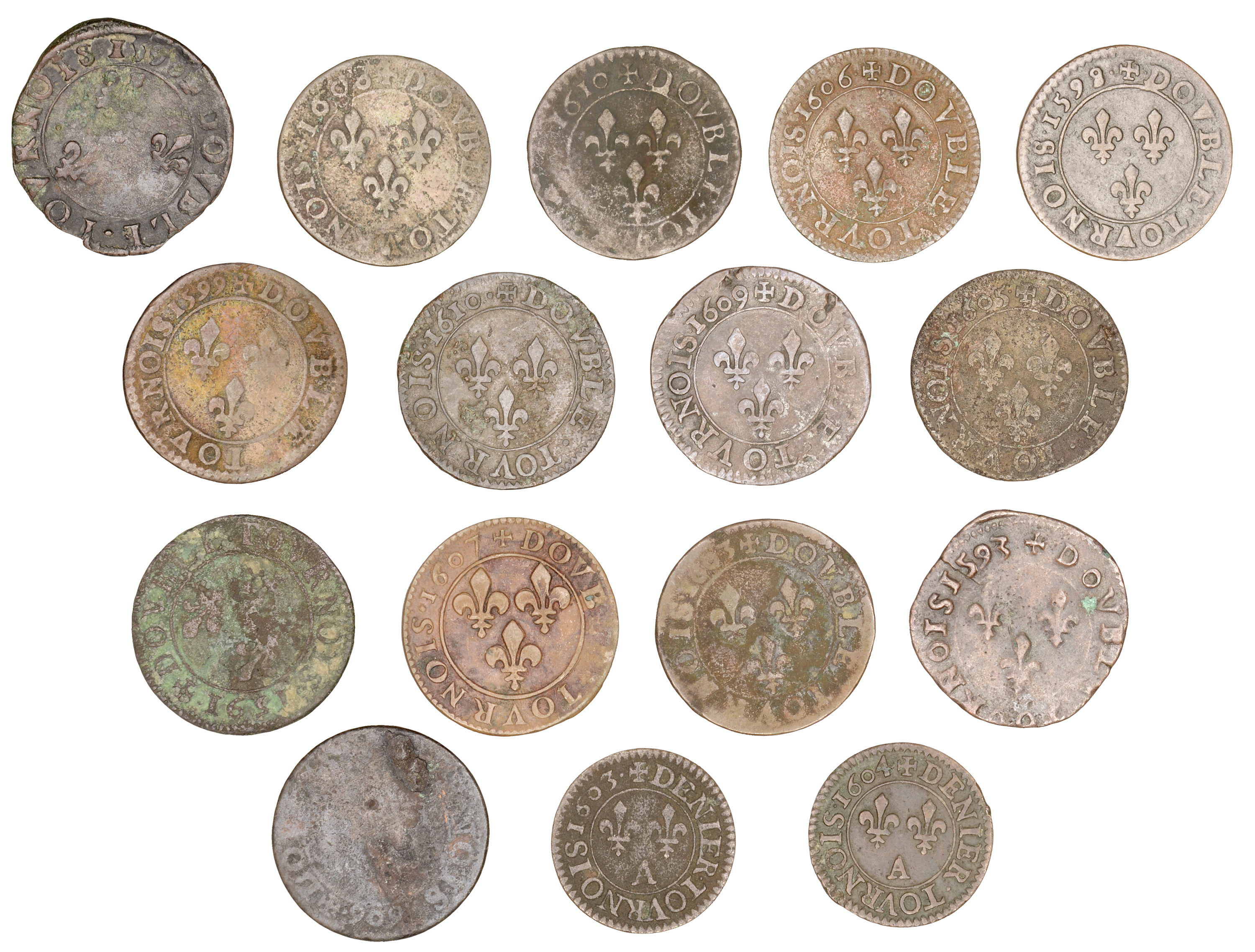 France, Henry IV (1590-1610), Doubles Tournois (14), 1591ch, 1593b, 1598a, 1599a, 1603a, 160... - Image 2 of 2