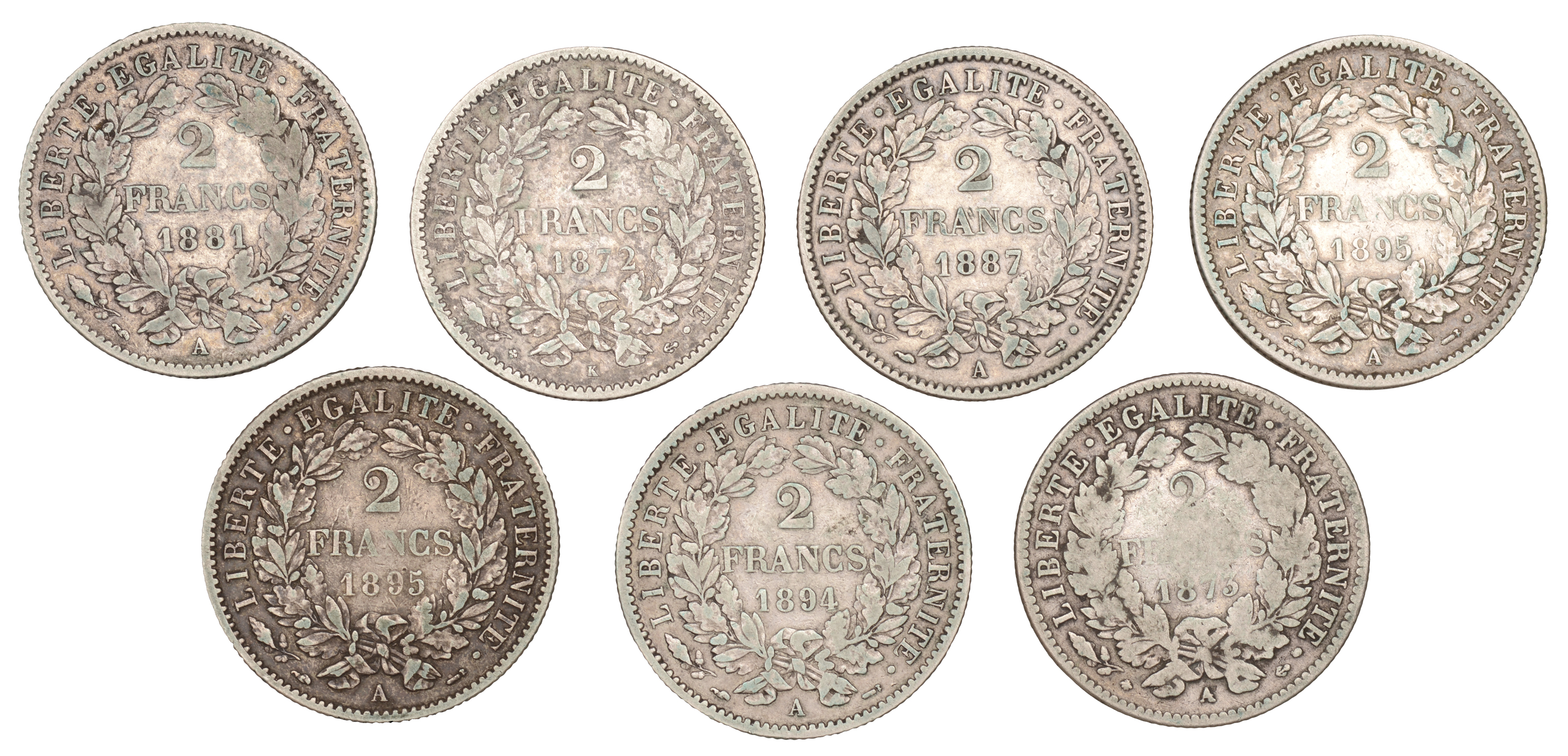France, Third Republic (1871-1940), 2 Francs (7), 1872k, 1873a, 1881a, 1887a, 1894a, 1895a (... - Image 2 of 2