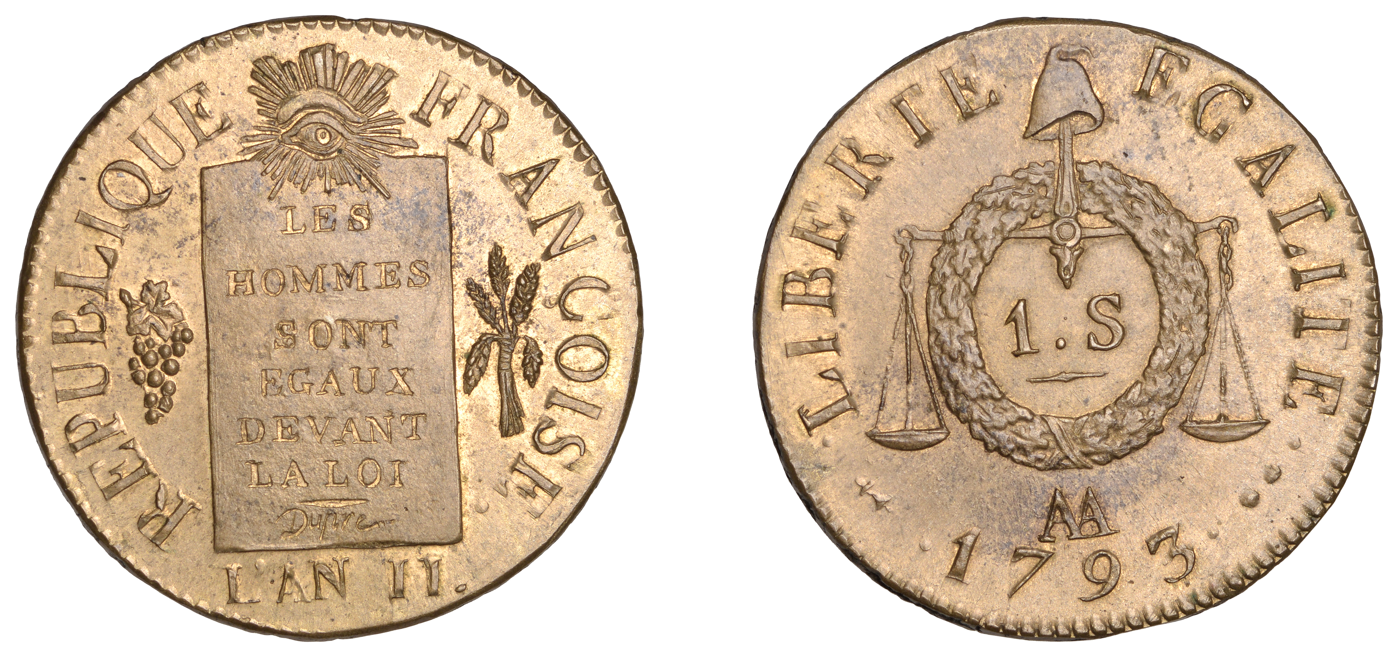 France, Convention (1793), Sol, 1793aa, Metz, 10.14g/6h (Gad. 19; KM 619.2). Extremely fine...