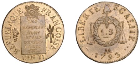 France, Convention (1793), Sol, 1793aa, Metz, 10.14g/6h (Gad. 19; KM 619.2). Extremely fine...