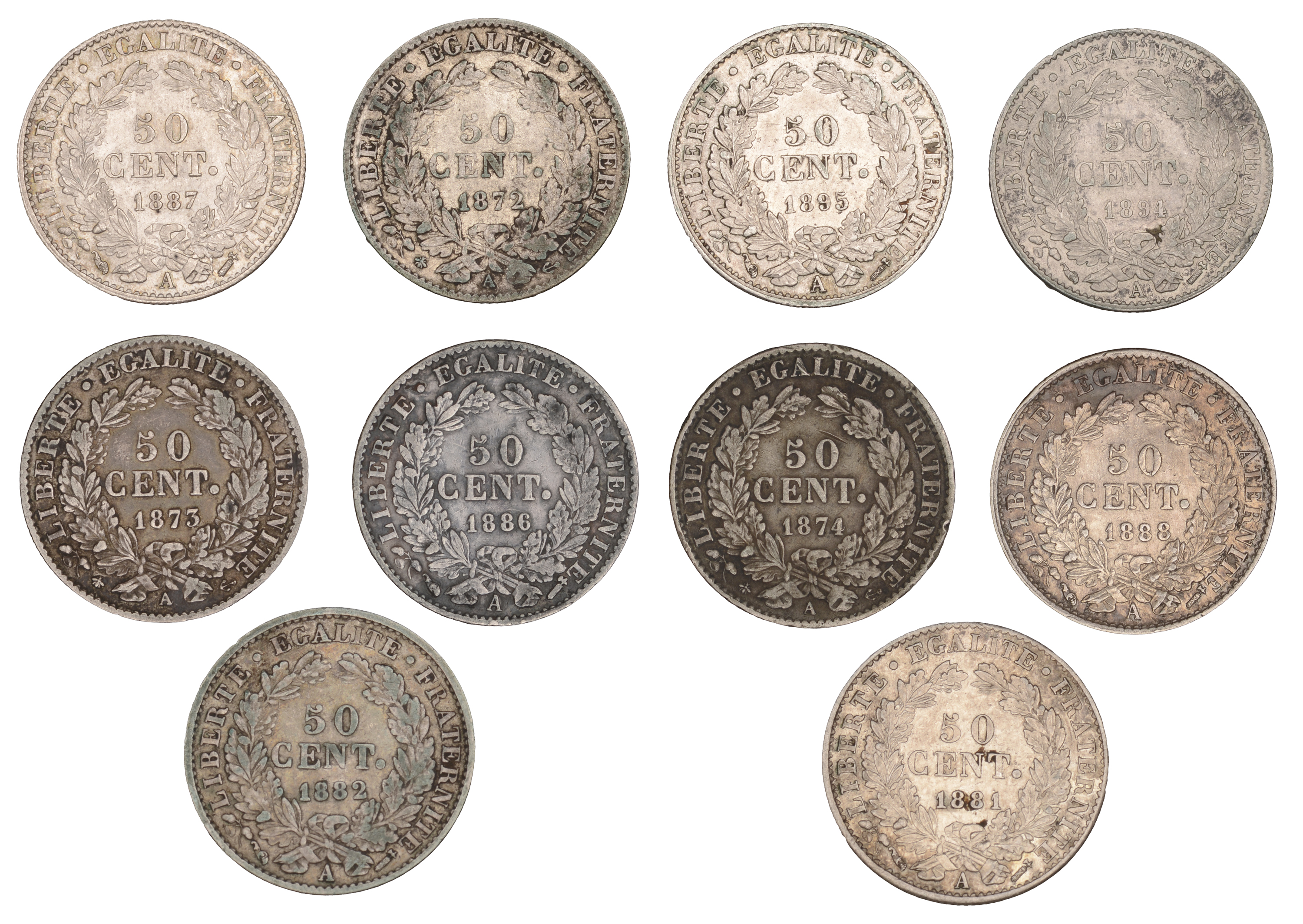 France, Third Republic (1871-1940), 50 Centimes (10), 1872a, 1873a, 1874a, 1881a, 1882a, 188... - Image 2 of 2
