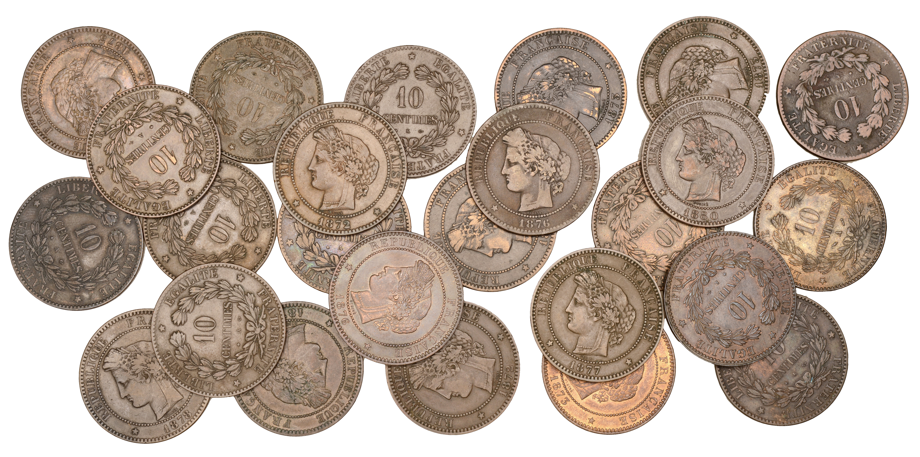 France, Third Republic (1871-1940), 10 Centimes (25), 1872a (2), 1872k (3), 1873a (2), 1873k...