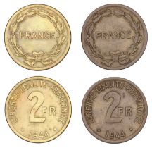 France, Free France, 2 Francs (2), 1944 (Gad. 537; KM 905) [2]. Very fine or better, one cle...
