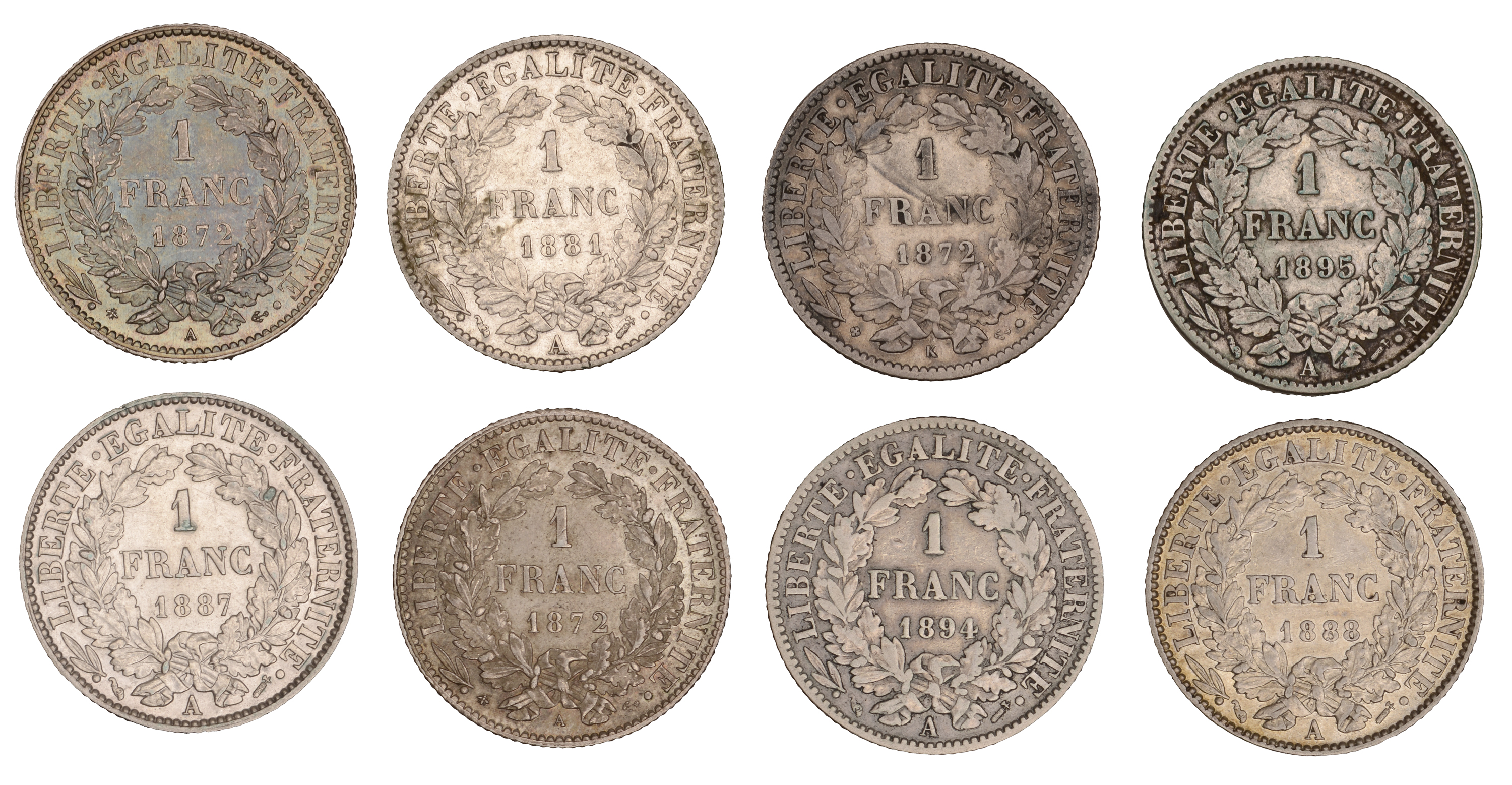 France, Third Republic (1871-1940), Franc (8), 1872a (2), 1872k, 1881a, 1887a, 1888a, 1894a,... - Image 2 of 2