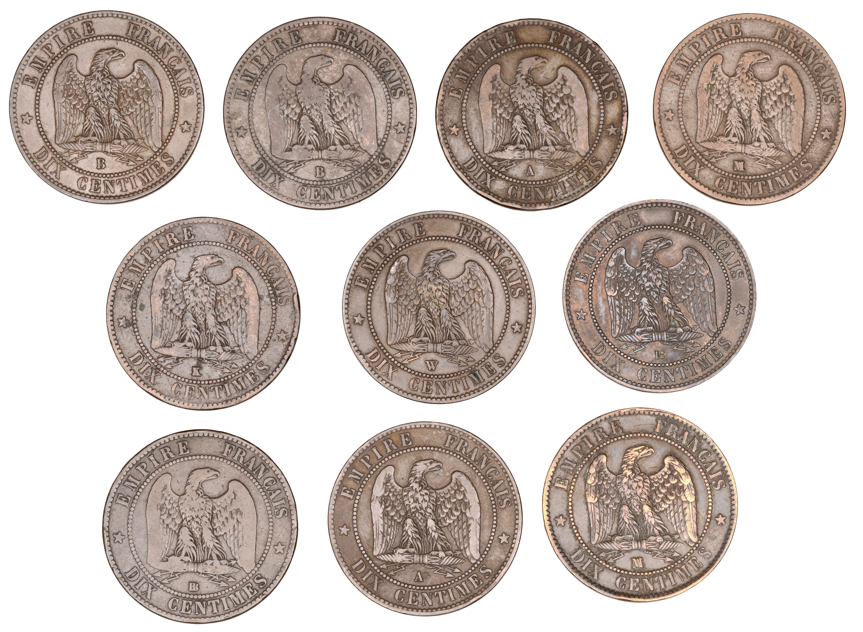 France, Napoleon III (1852-1870), 10 Centimes (10), 1857a (2), 1857b (2), 1857bb (2), 1857k,... - Image 2 of 2