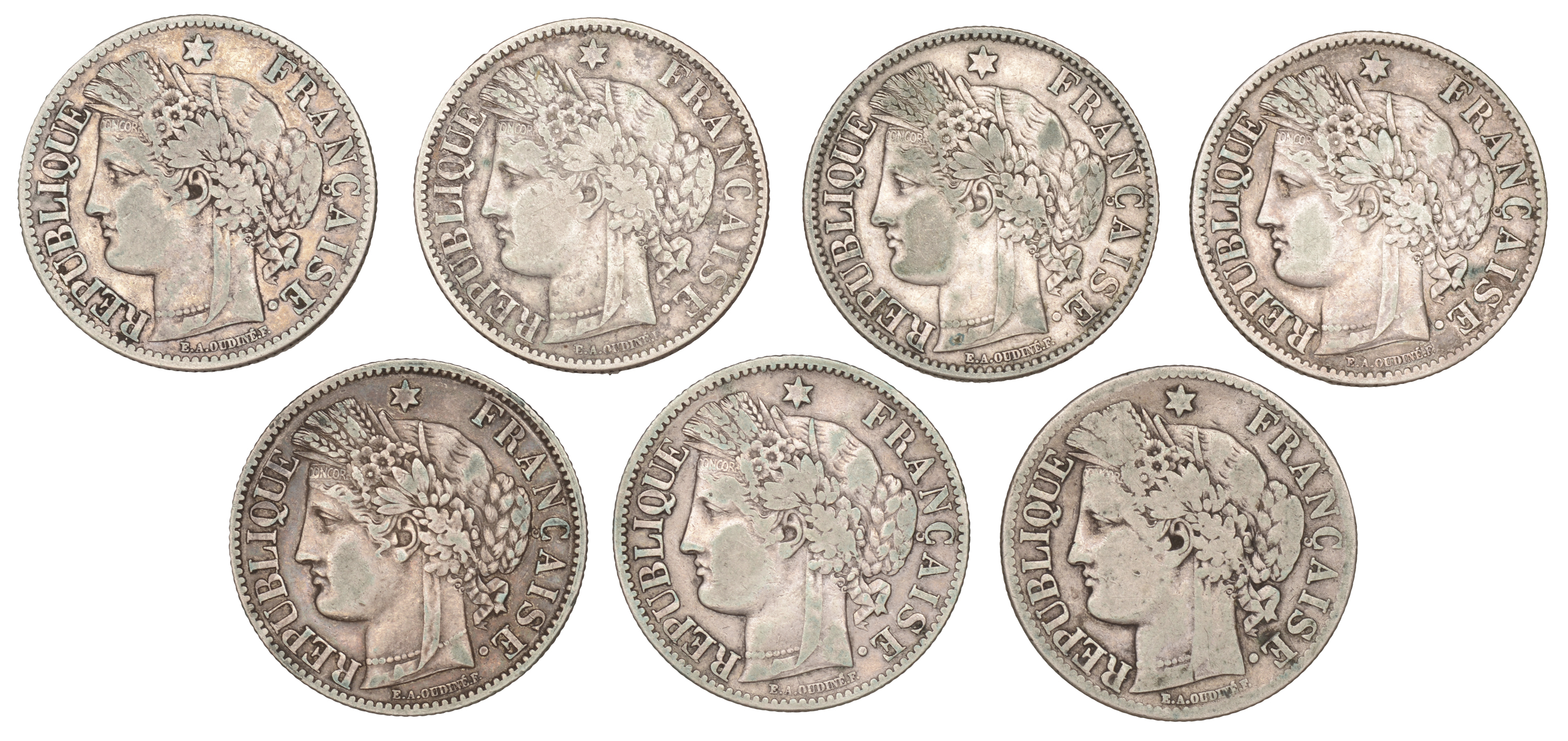 France, Third Republic (1871-1940), 2 Francs (7), 1872k, 1873a, 1881a, 1887a, 1894a, 1895a (...