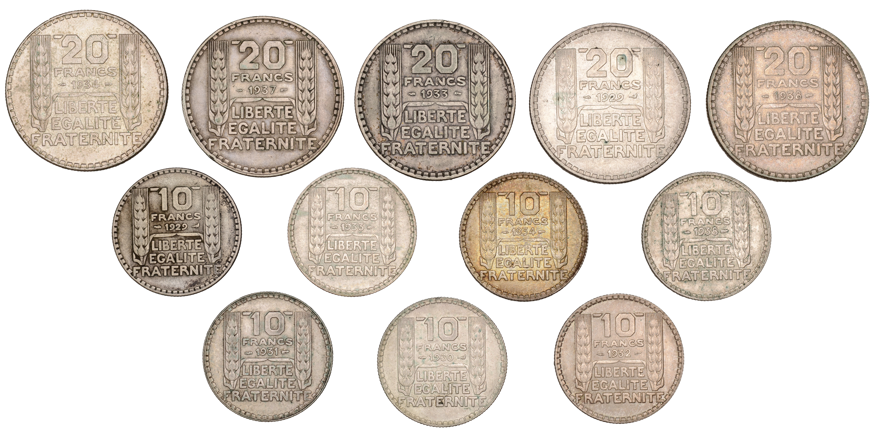 France, Third Republic (1871-1940), 20 Francs (5), 1929, 1933, 1934, 1937, 1938 (Gad. 852);... - Image 2 of 2