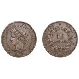 France, Third Republic (1871-1940), 10 Centimes, 1875a, Paris (Gad. 265a; KM 815.1). Very fi...