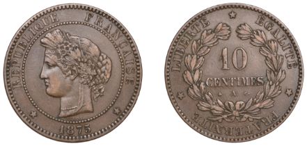 France, Third Republic (1871-1940), 10 Centimes, 1875a, Paris (Gad. 265a; KM 815.1). Very fi...