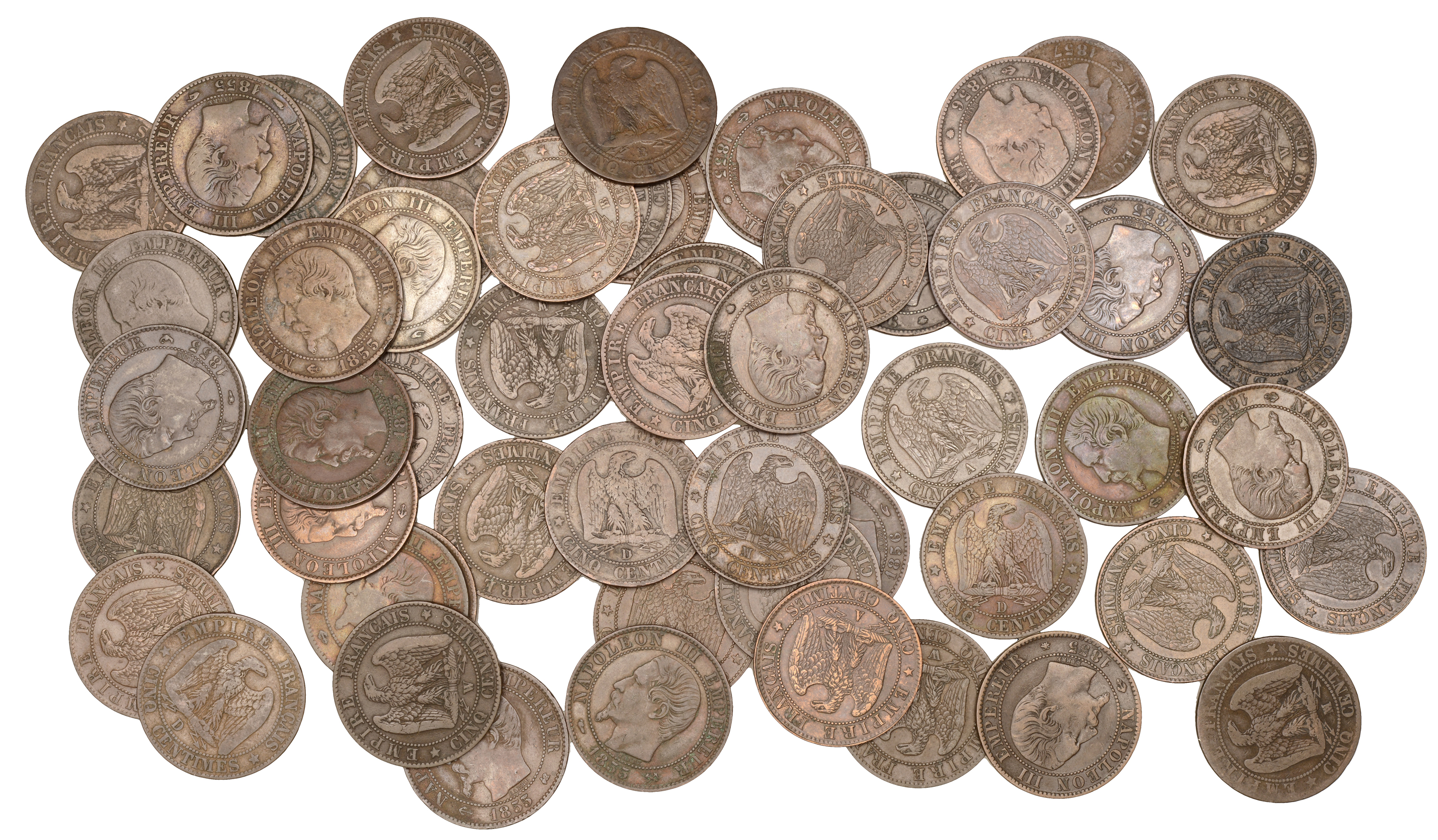 France, Napoleon III (1852-1870), 5 Centimes (54), 1855a (3), 1855b (3), 1855bb (5), 1855d (...