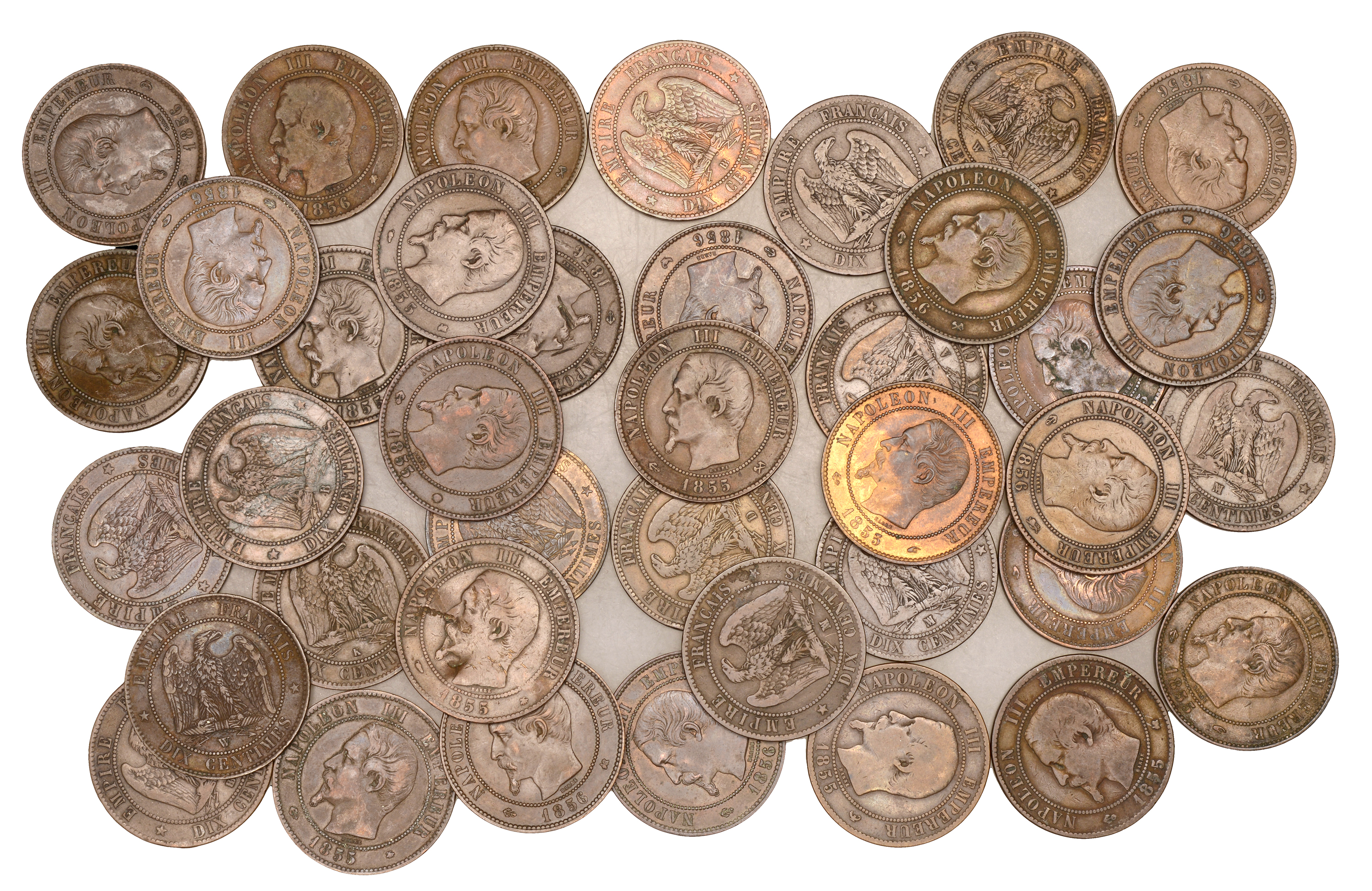 France, Napoleon III (1852-1870), 10 Centimes (39), 1855a (5), 1855b (3), 1855bb (4), 1855d...