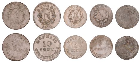 France, Local, ANTWERP, Siege coinage, 10 Centimes (2), 1814w, 1814r (Gad. 191c, 191g); 5 Ce...