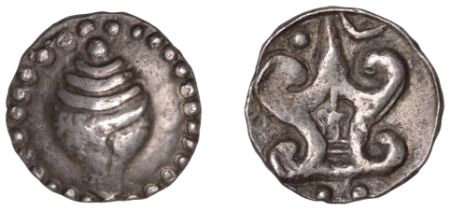 Burma, MON KINGDOM, silver Unit, c. 400-500 AD, sankh shell, rev. Srivatsa, 9.50g (RS 3.10)....
