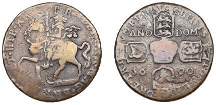 James II (1685-1691), Gunmoney coinage, Crown, 1690, type 1, rev. legend not clear, reads ri...