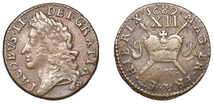 James II (1685-1691), Gunmoney coinage, Shilling, 1689 Dec:, 6.28g/12h (Timmins 1C; S 6581F)...
