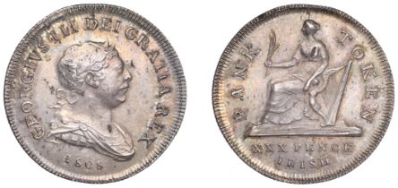George III (1760-1820), Bank of Ireland coinage, Thirty Pence, 1808, top of harp points to o...